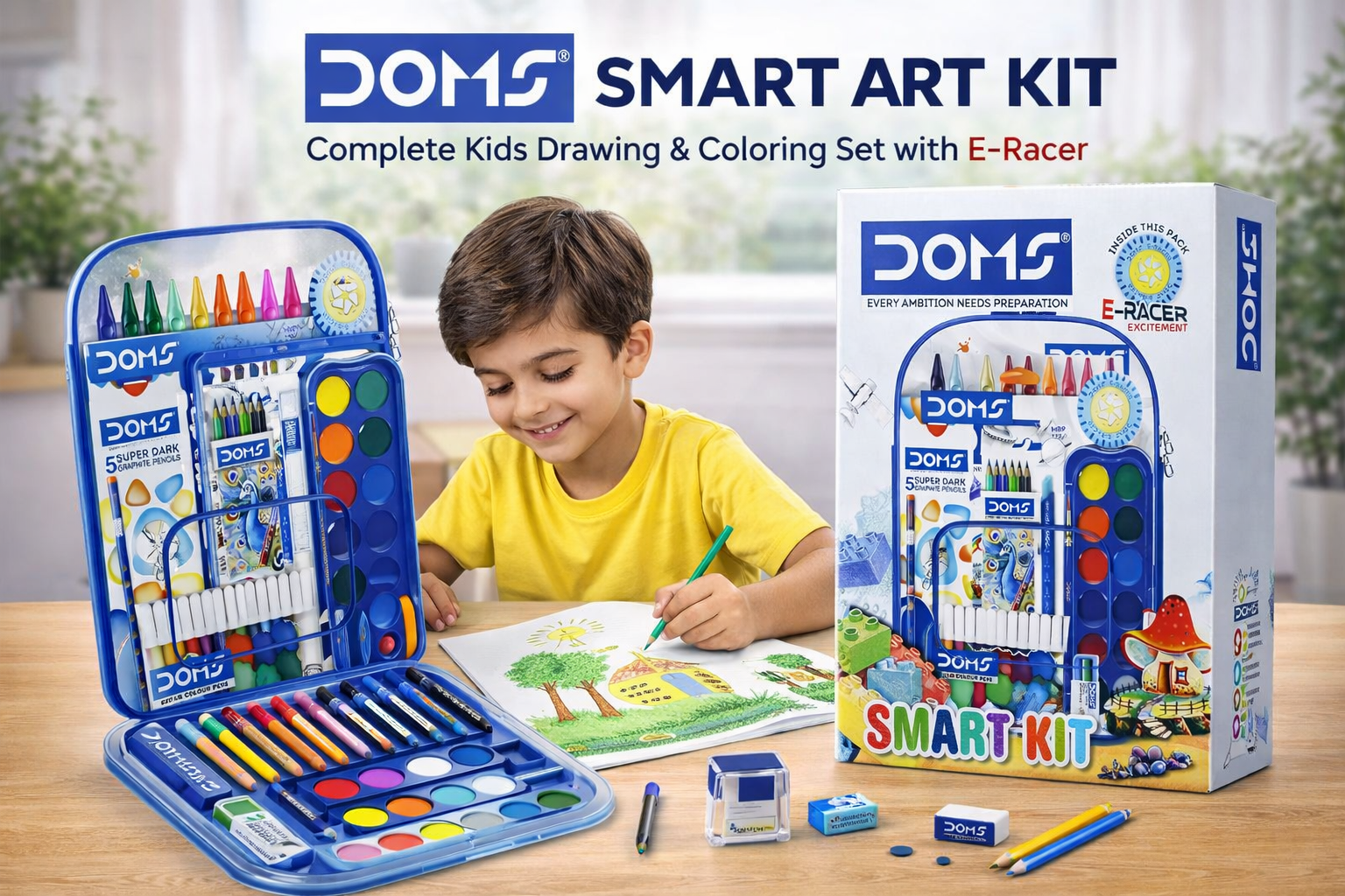 DOMS Smart Art Kit – Complete Kids Drawing & Coloring Set with E-Racer