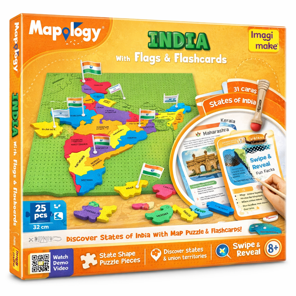 Mapology India Puzzle with Flags & Flashcards – Educational Learning Kit